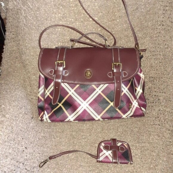 TEENIE WEENIE GOLD BEAR-Schoolbag/Satchel/Shoulder-Burgundy Plaid-Near Mint - Picture 1 of 12